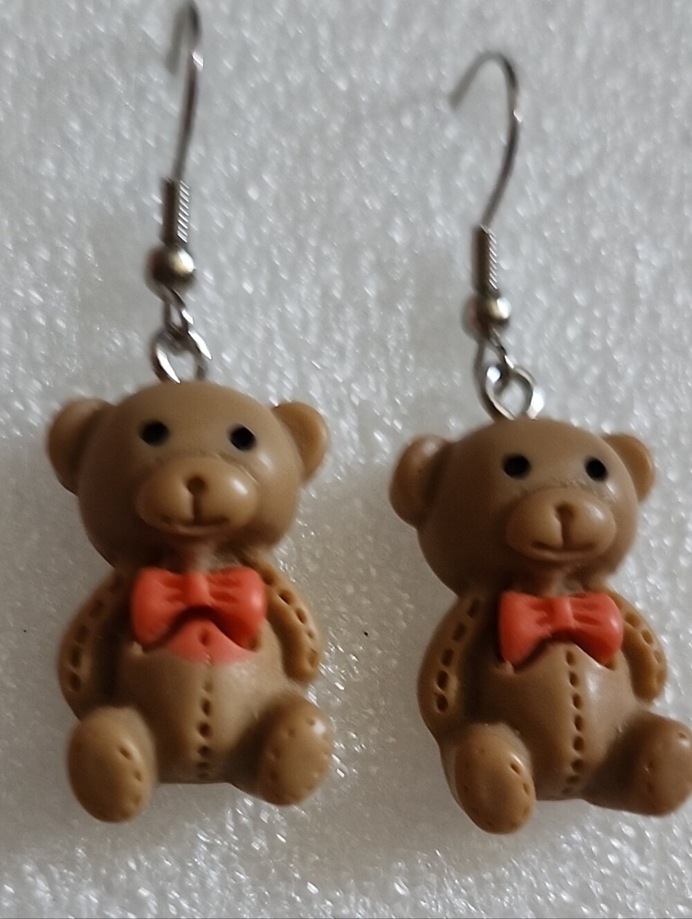 Hand Crafted Tan Teddy Bear Earrings with Orange Bows